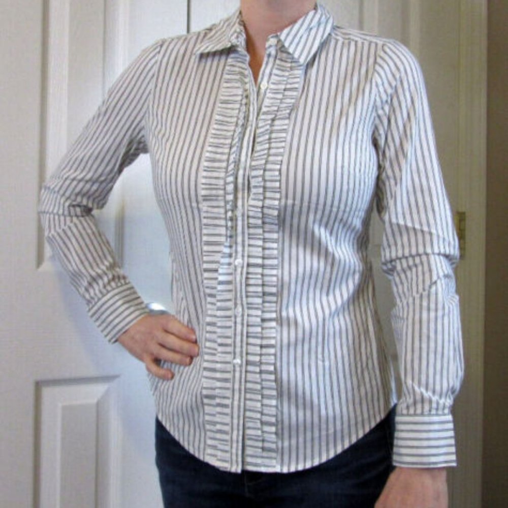 Black White Stripes Blouse Button Up Shirt Top WHBM Long Sleeve Office Size 0